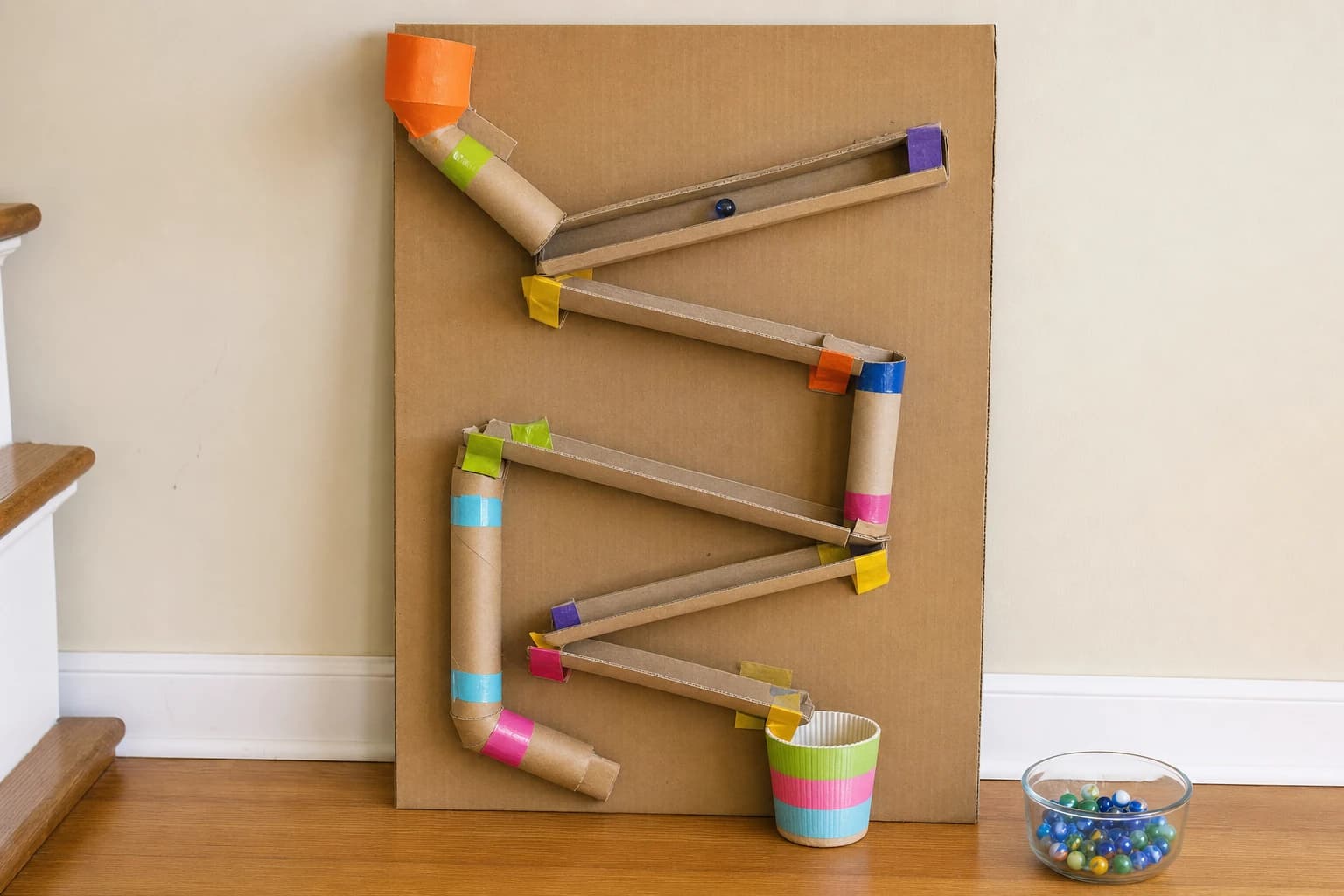 A finished cardboard marble run indoor game mounted on a large cardboard base with colorful ramps and catch cups