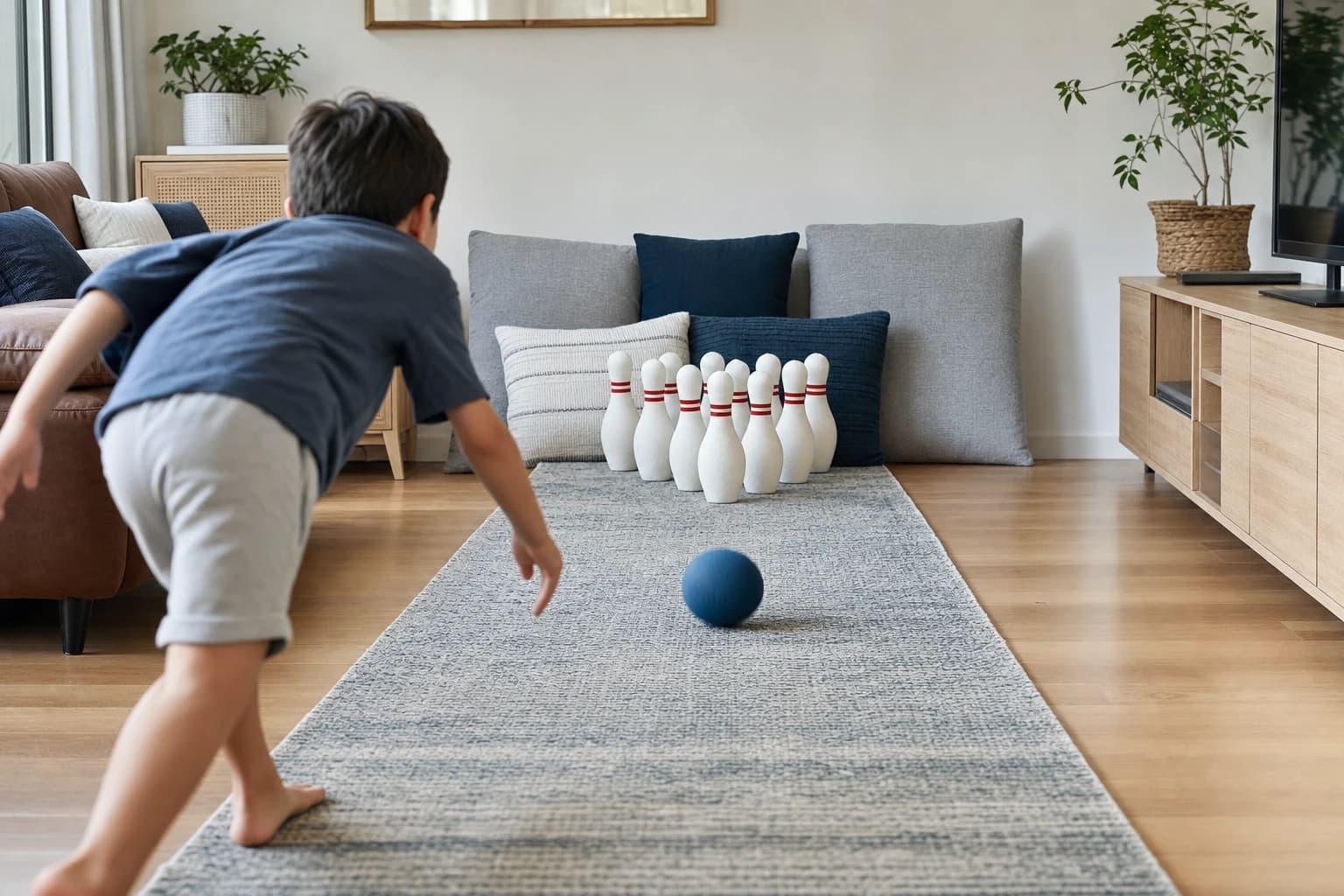 A floor safe living room mini bowling alley with soft pins on a rug lane