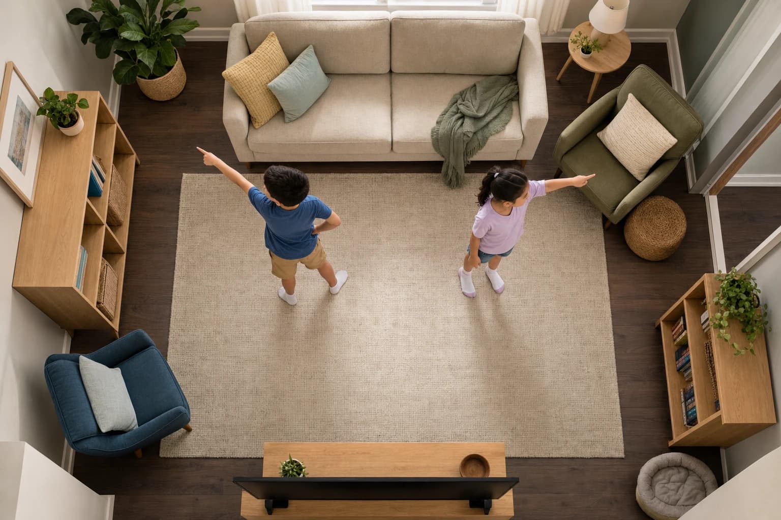 A simple indoor play zone divided into imaginary areas for no-equipment kids games