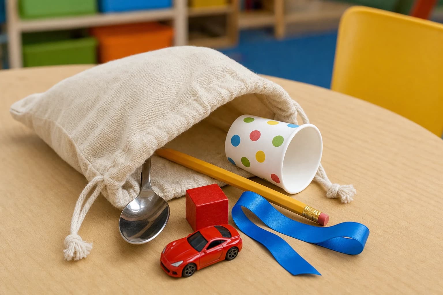 A small bag of safe household objects for an indoor mystery object icebreaker
