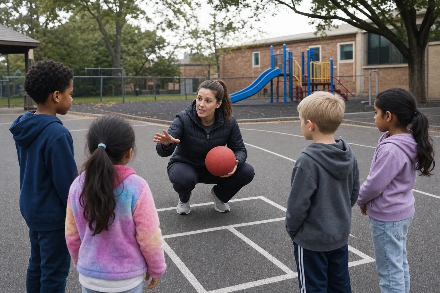 Adult explaining four square rules to children on a playground