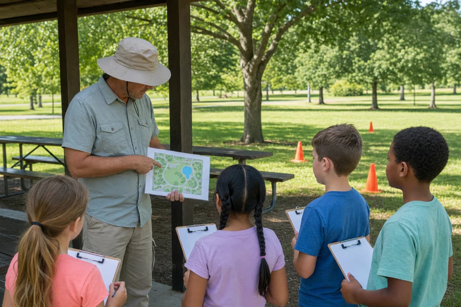 Adult helper pointing to a park map while children stand with scavenger hunt clipboards