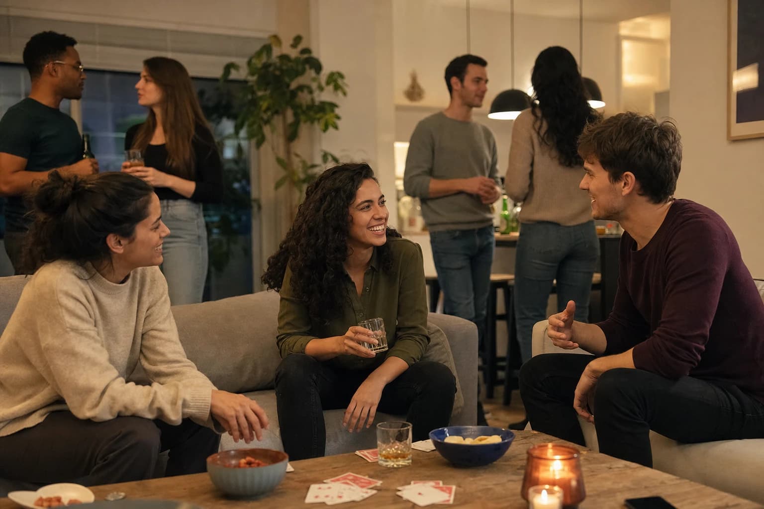 Adults chatting in small groups at a relaxed house party with simple game cards on a table