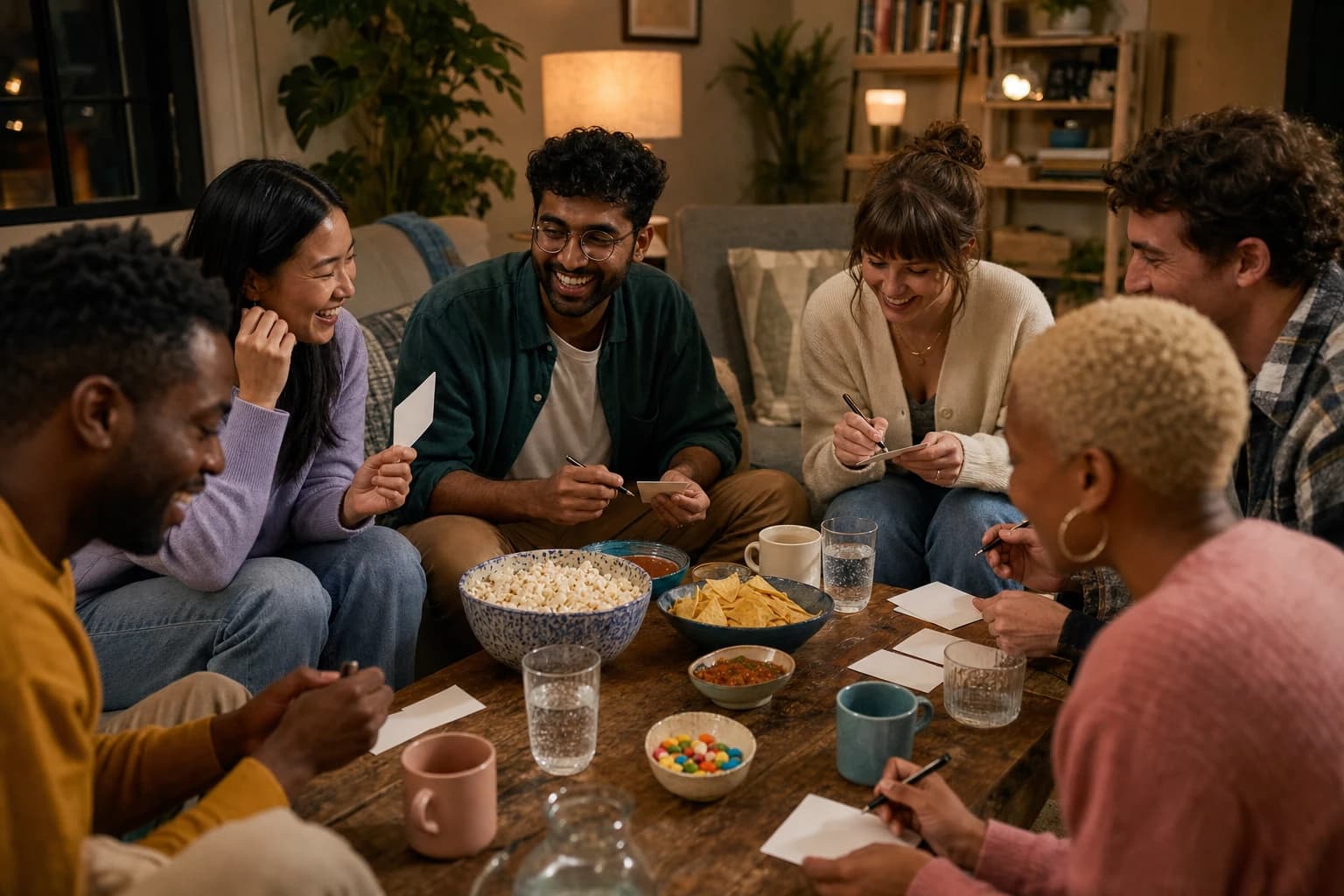 Adults sitting around a living room table playing an alcohol-free indoor party game with paper cards and snacks
