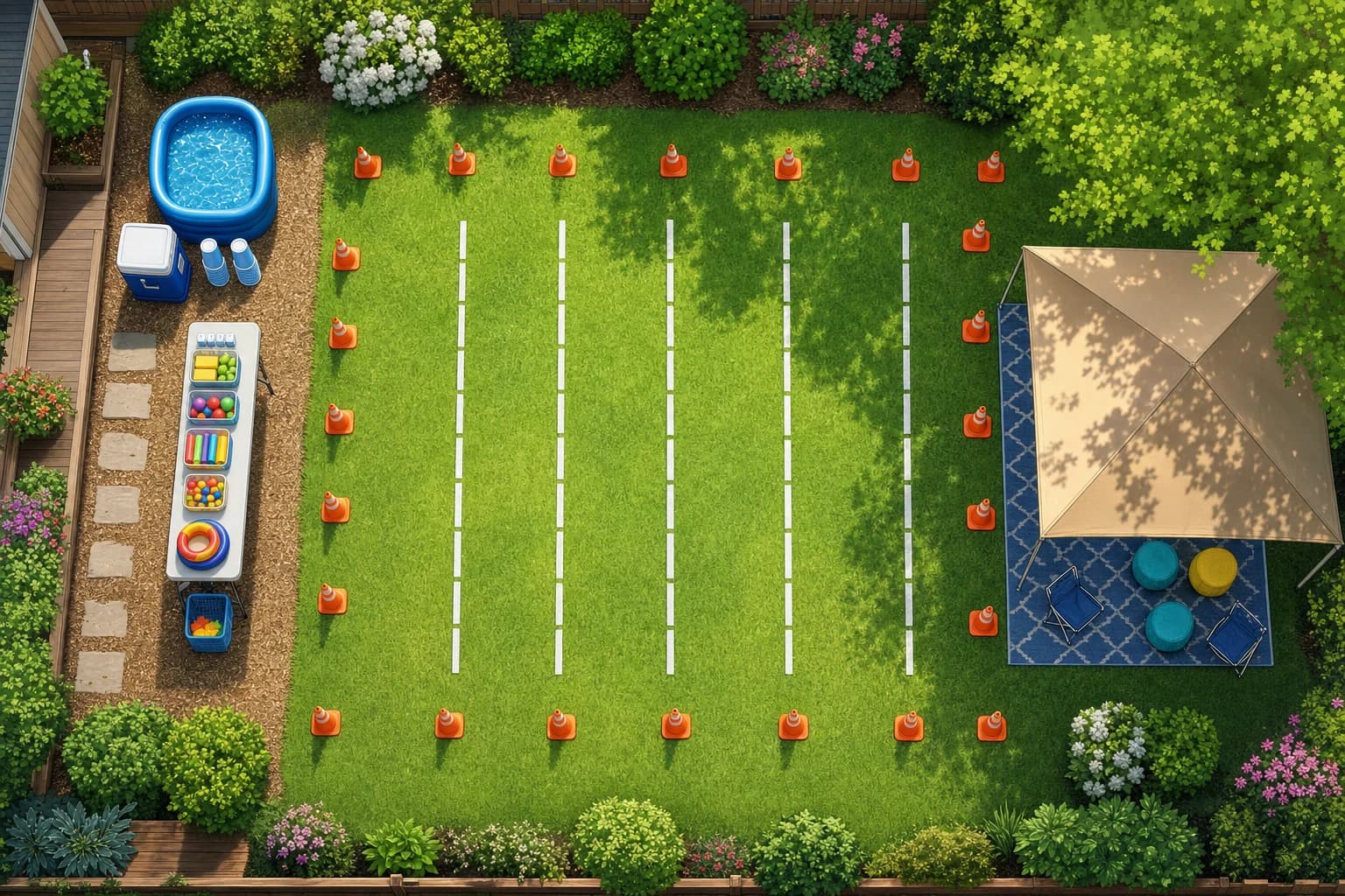 Backyard party game setup map with cones, water station, supplies table, and safe running lanes