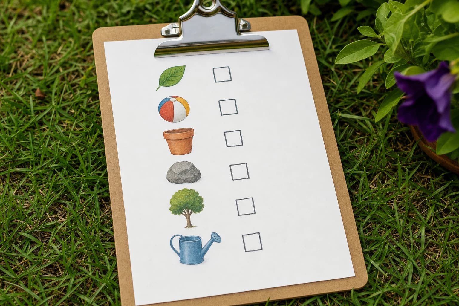 Backyard scavenger hunt checklist with child-friendly pictures of leaves, balls, flowers, and garden objects