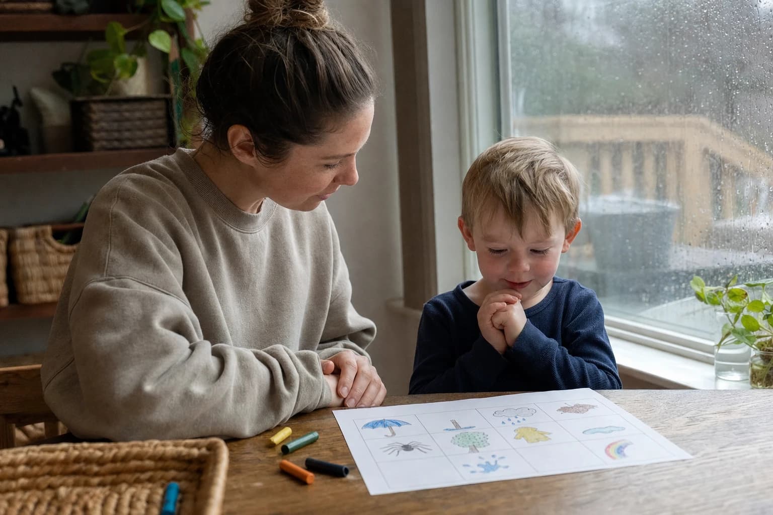 Caregiver and preschooler sitting quietly by a rainy window with a simple picture bingo sheet