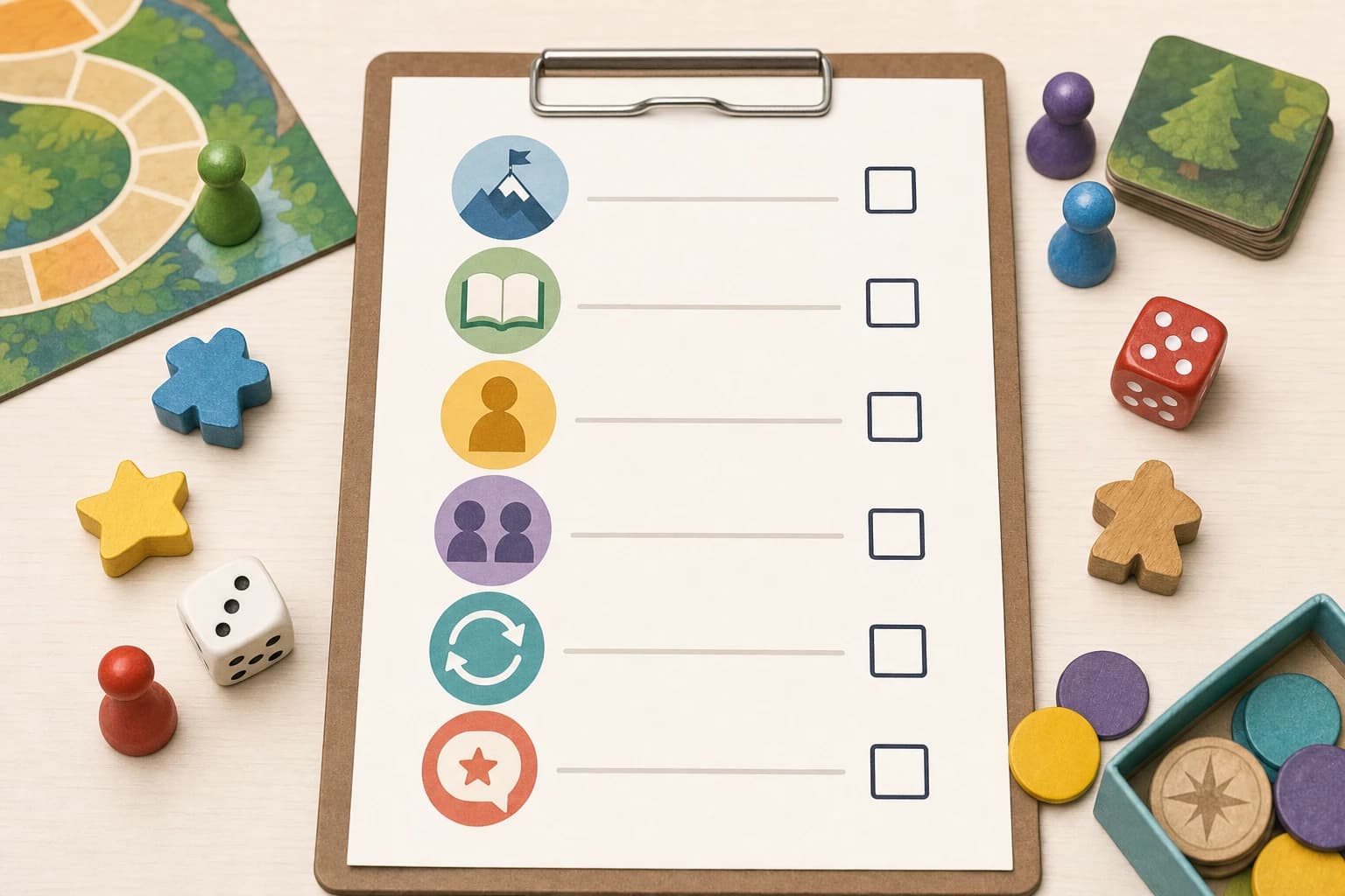 Checklist for parents showing challenge level, reading load, independence, cooperation, and replay value for kids games