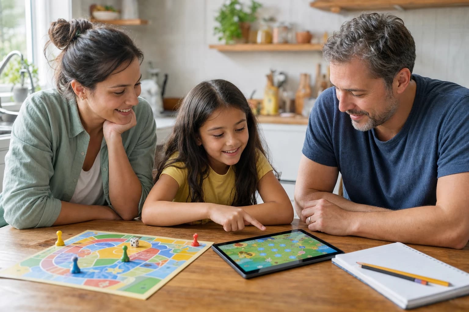 Child comparing a tabletop board game and a tablet learning game at a kitchen table