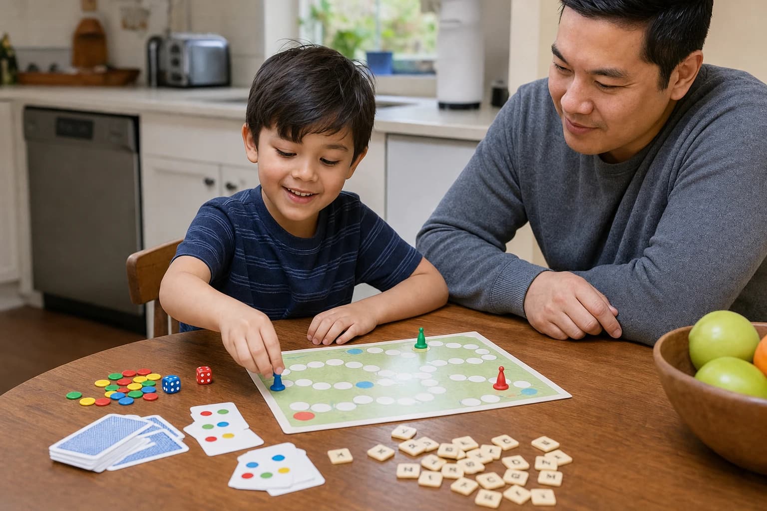 Child playing a cooperative math and reading game with cards, dice, and counters on a kitchen table