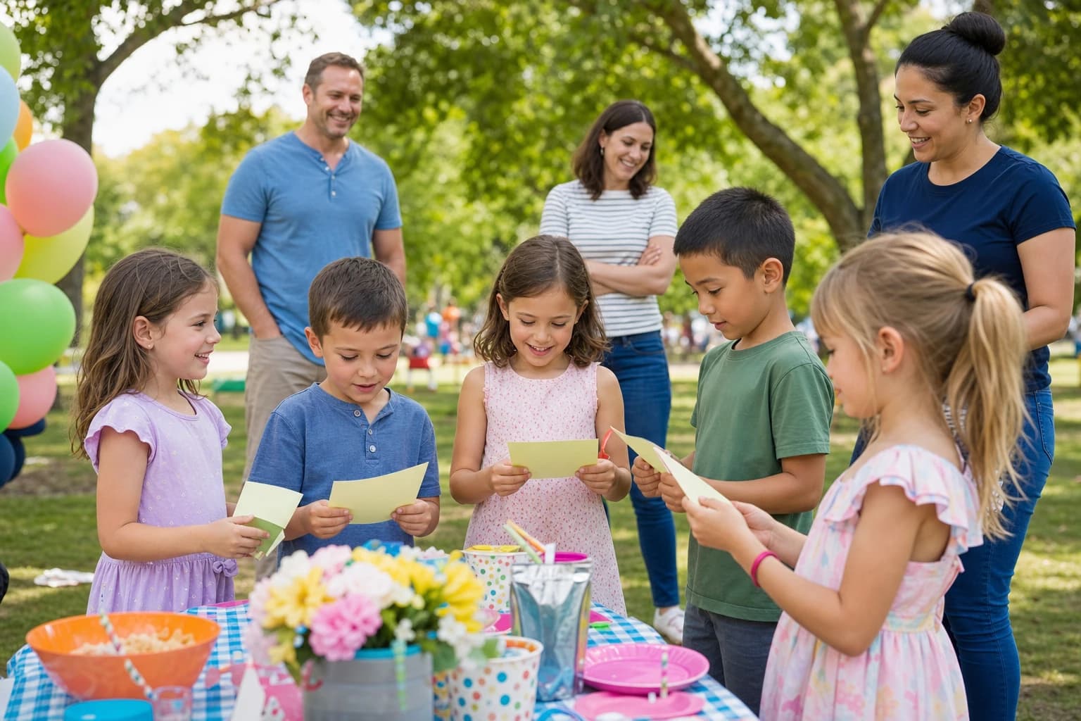 Children at a park birthday party holding scavenger hunt cards near a picnic table