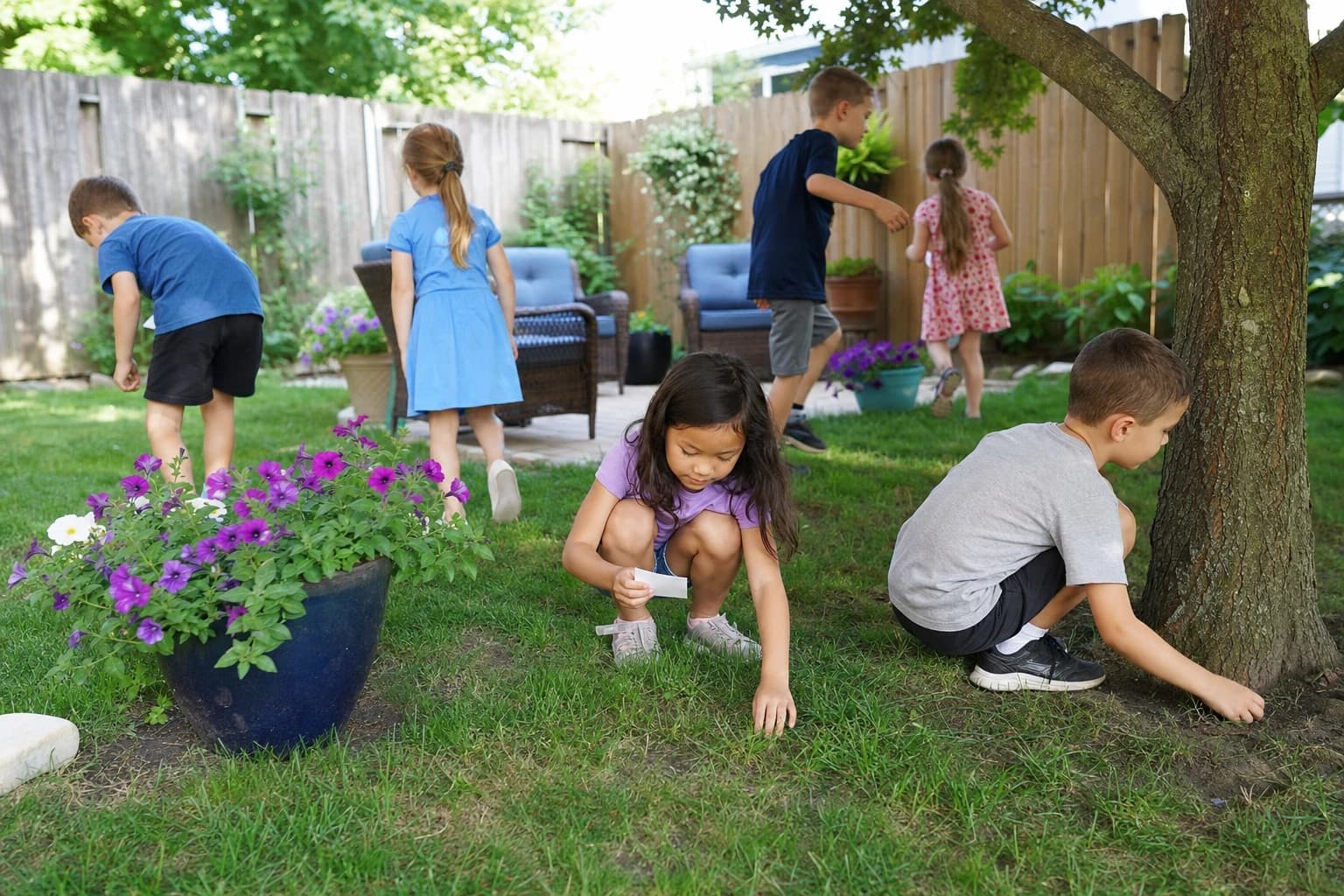 Children looking for scavenger hunt clues in a backyard garden