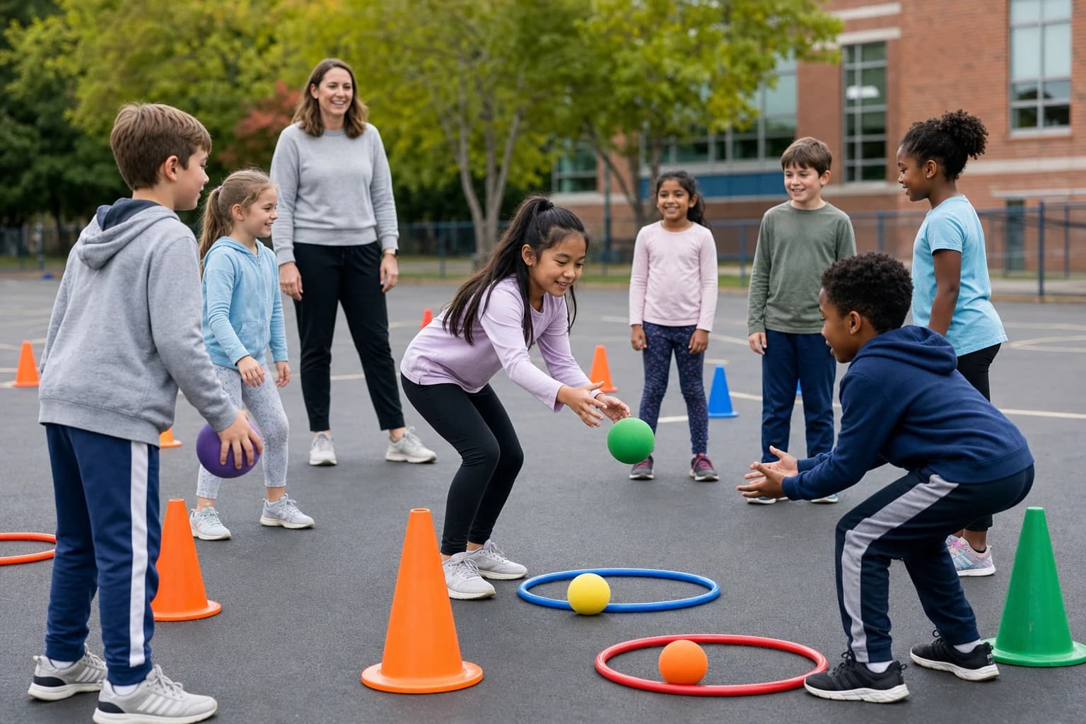 Children playing a cooperative playground game with cones and soft balls on a schoolyard