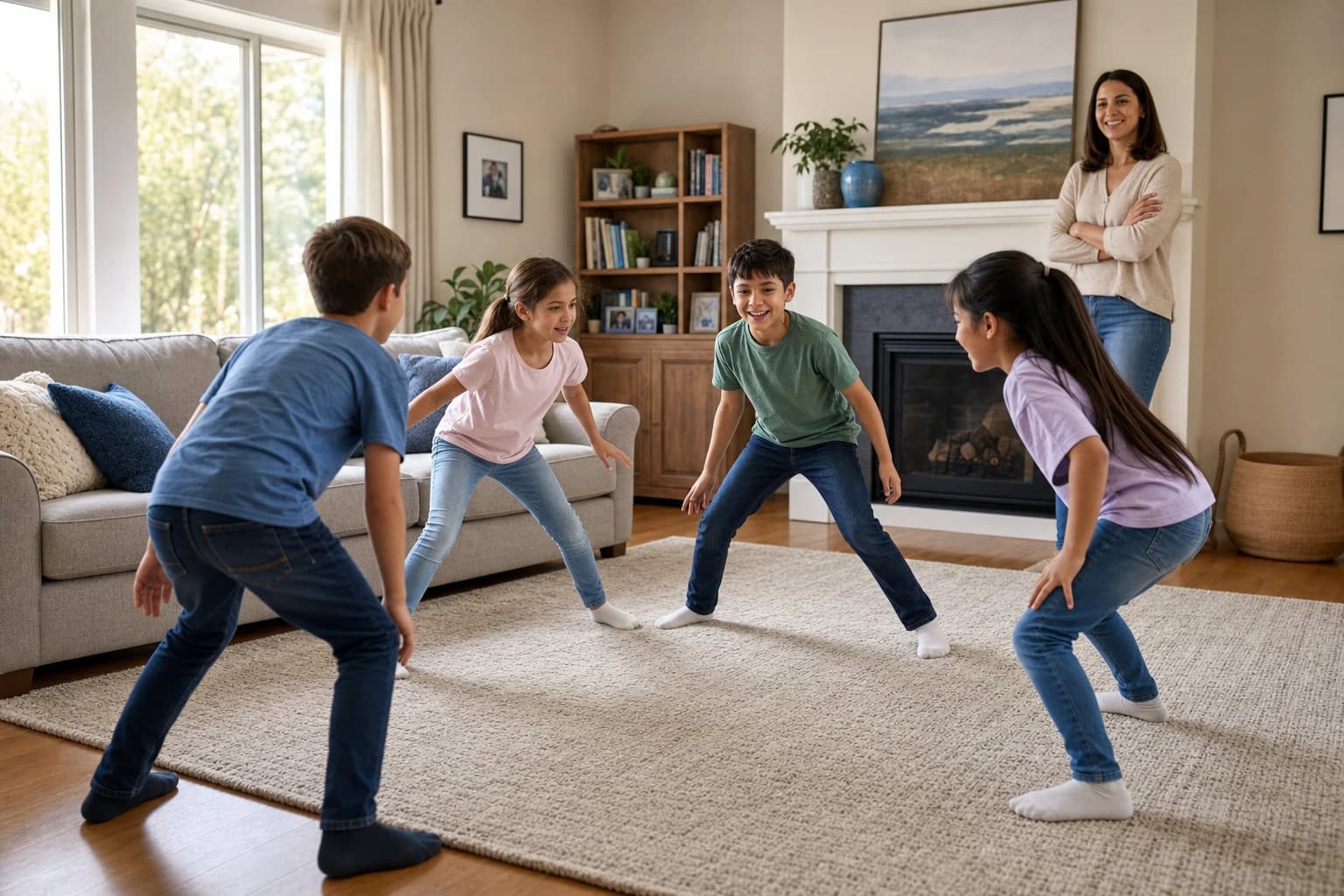 Children playing a no-equipment indoor game in a tidy living room with clear floor space