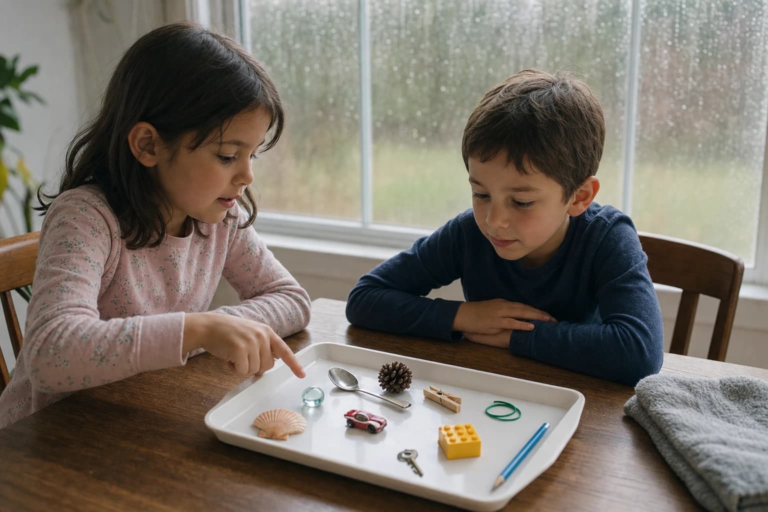 Children playing a quiet memory tray game at a table during rainy weather