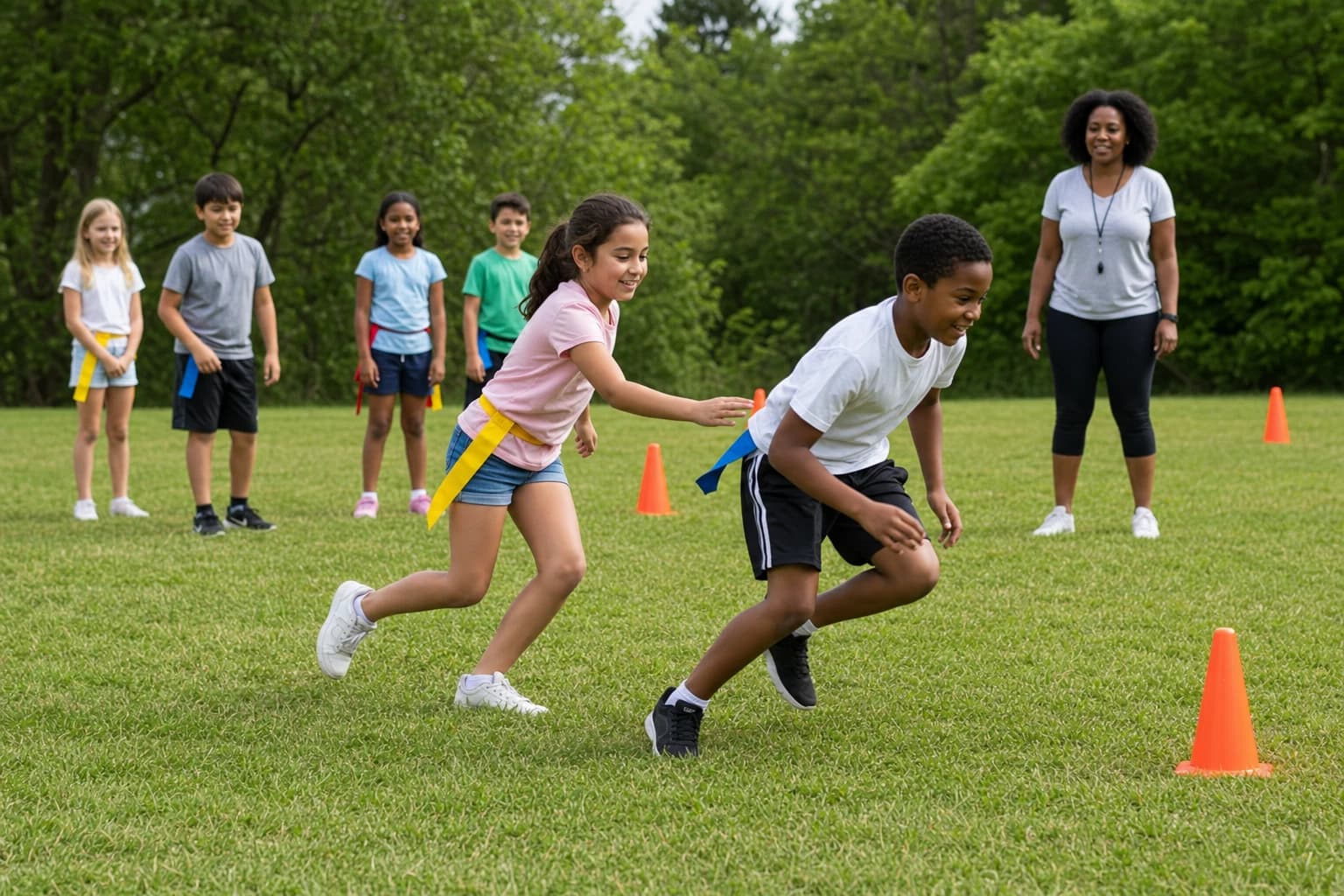 Children playing an organized outdoor game on a marked grass area with adults nearby