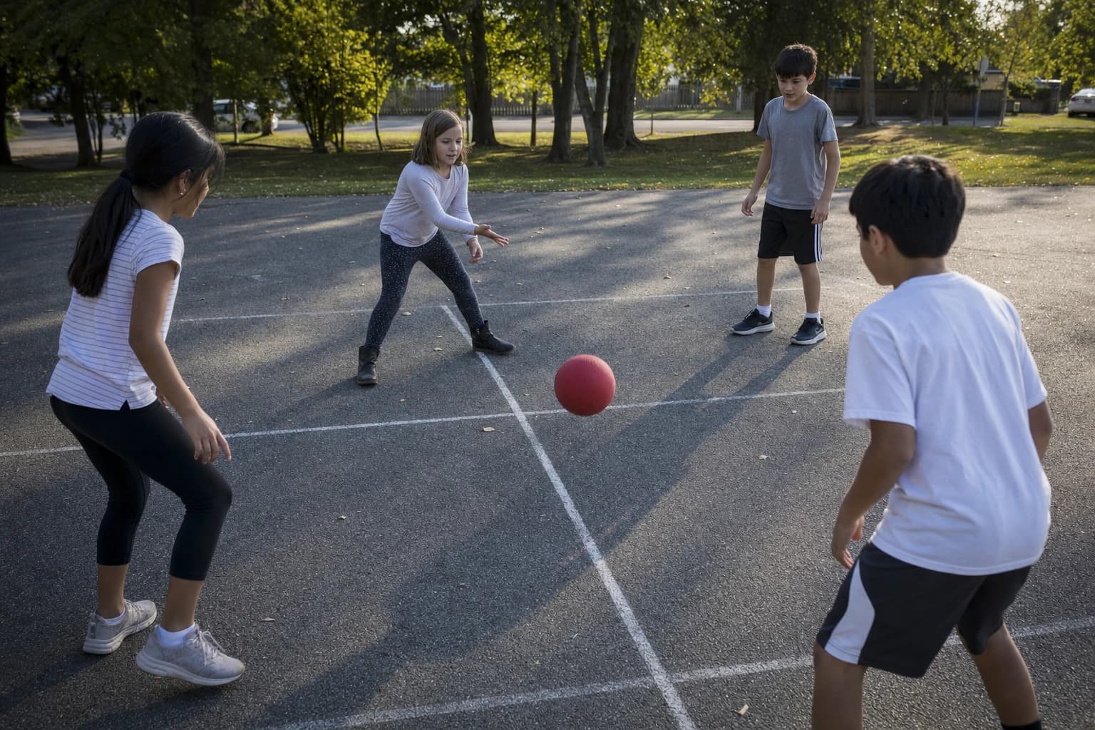 Children playing four square on a chalk court outdoors
