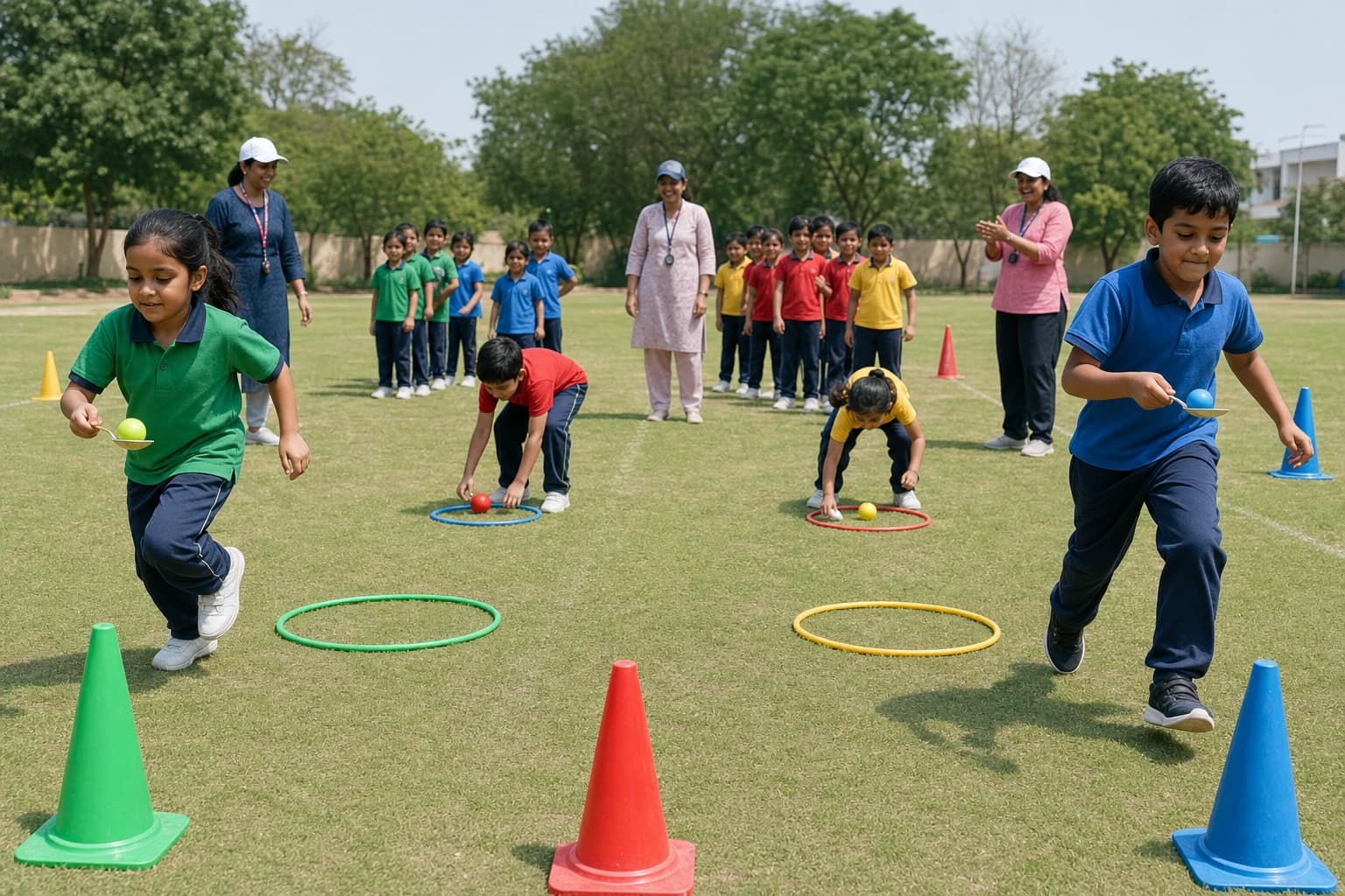 Children playing outdoor relay games with cones, hula hoops, balls, and spoons on a grass field