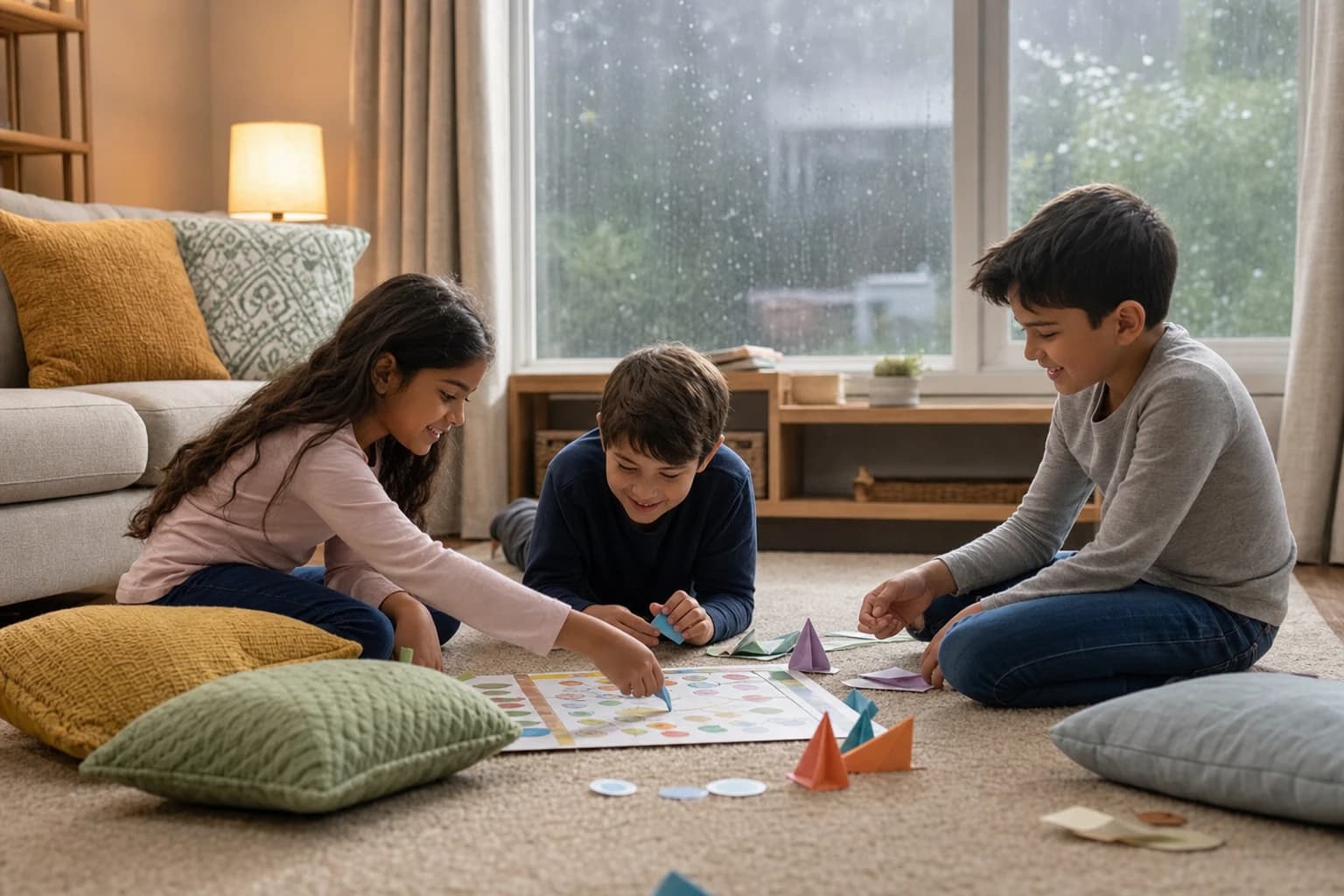 Children playing screen free indoor games in a living room on a rainy day