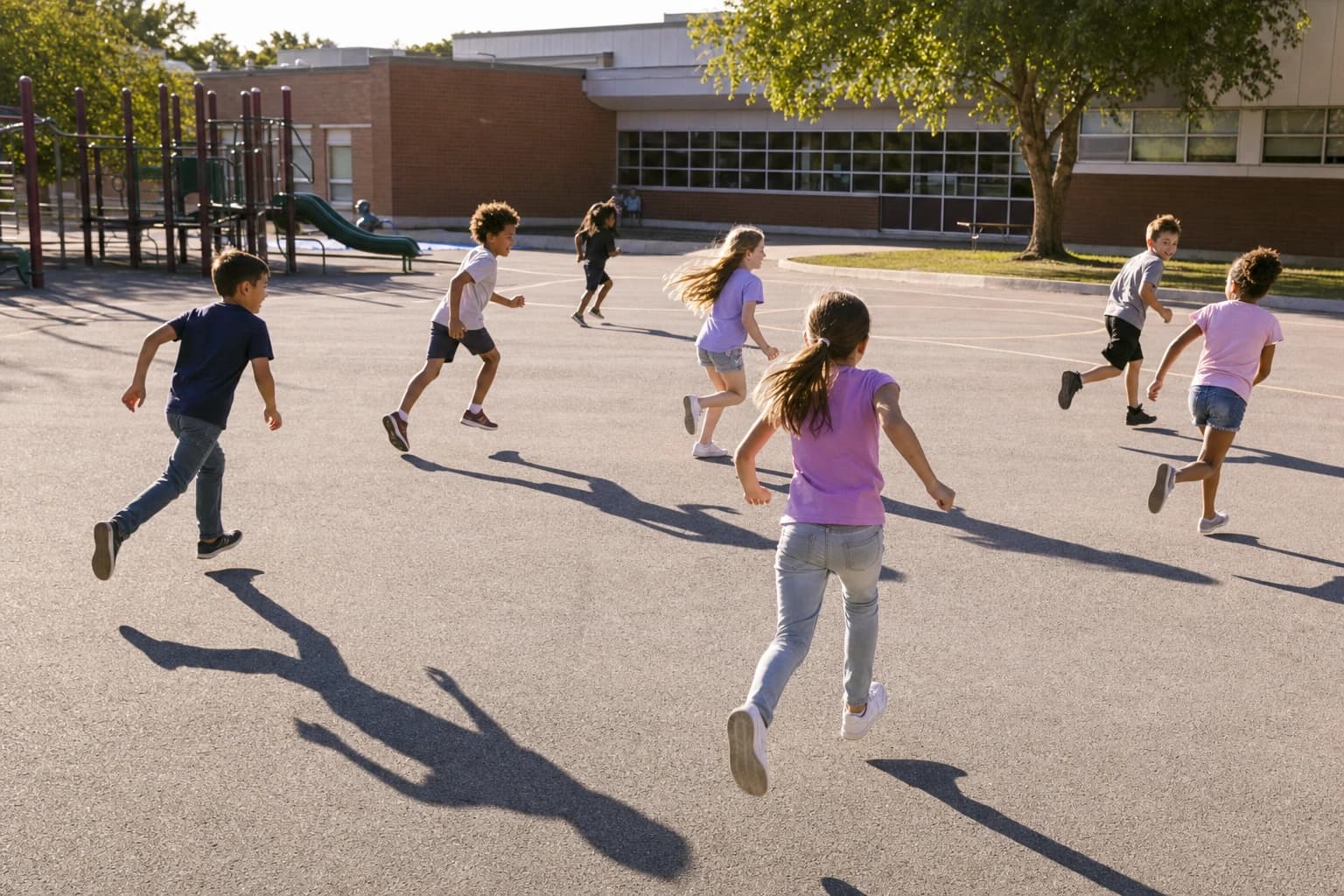 Children playing shadow tag on a sunny school blacktop