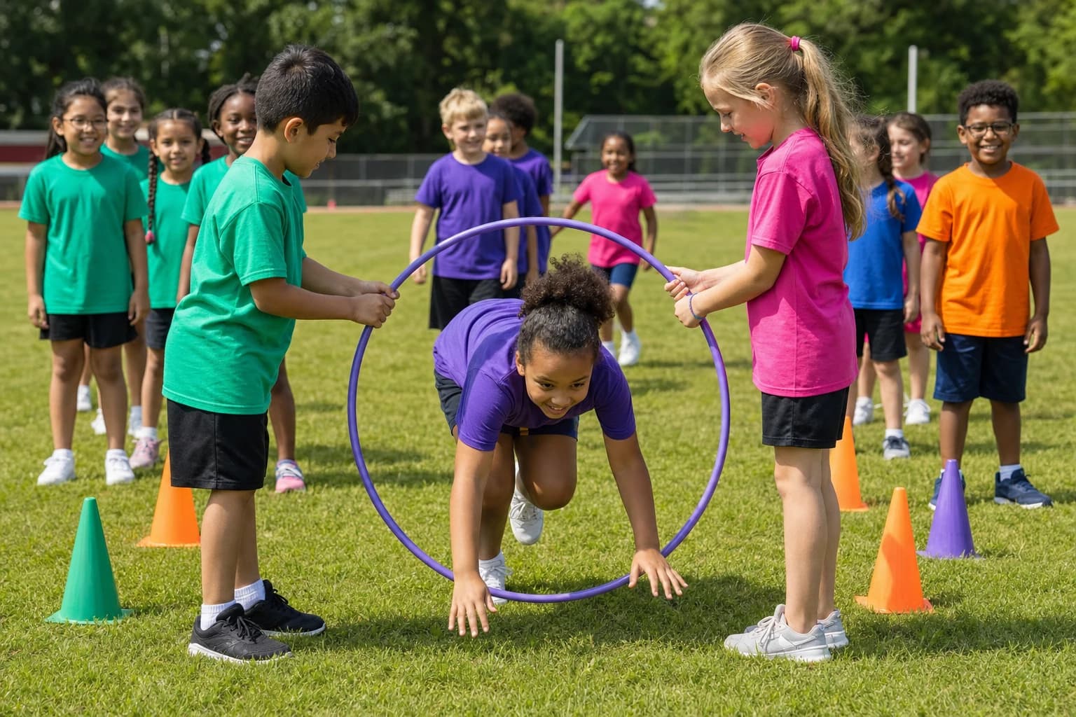 Children rotating through a hula hoop tunnel relay with cones marking safe lanes