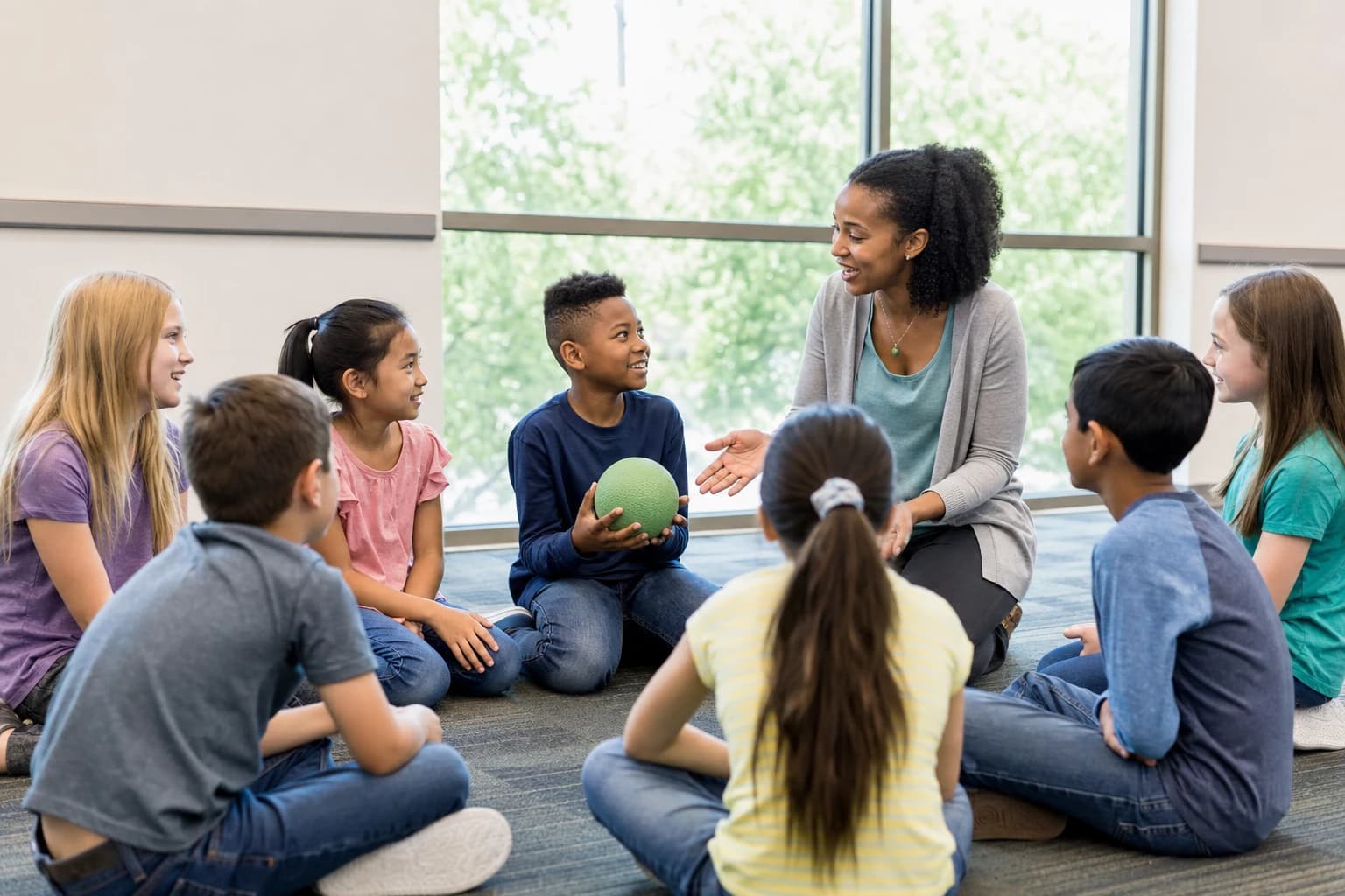 Children sitting in a circle indoors playing a name icebreaker game with a group leader
