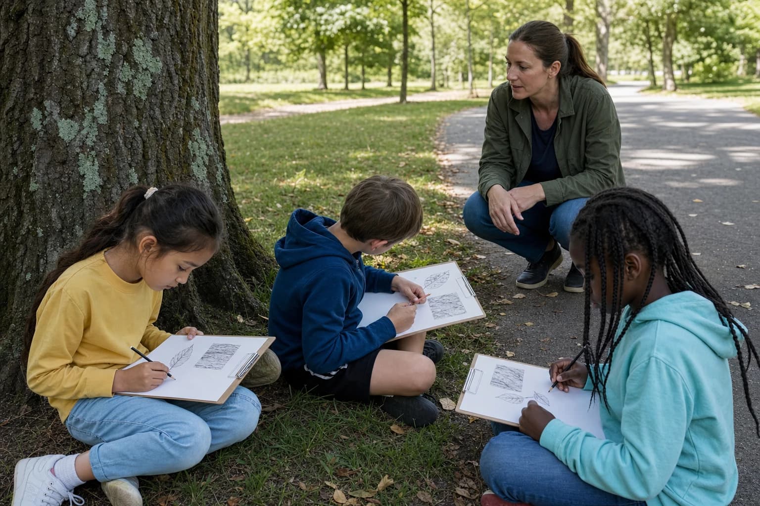 Children sketching leaves and bark during a park scavenger hunt