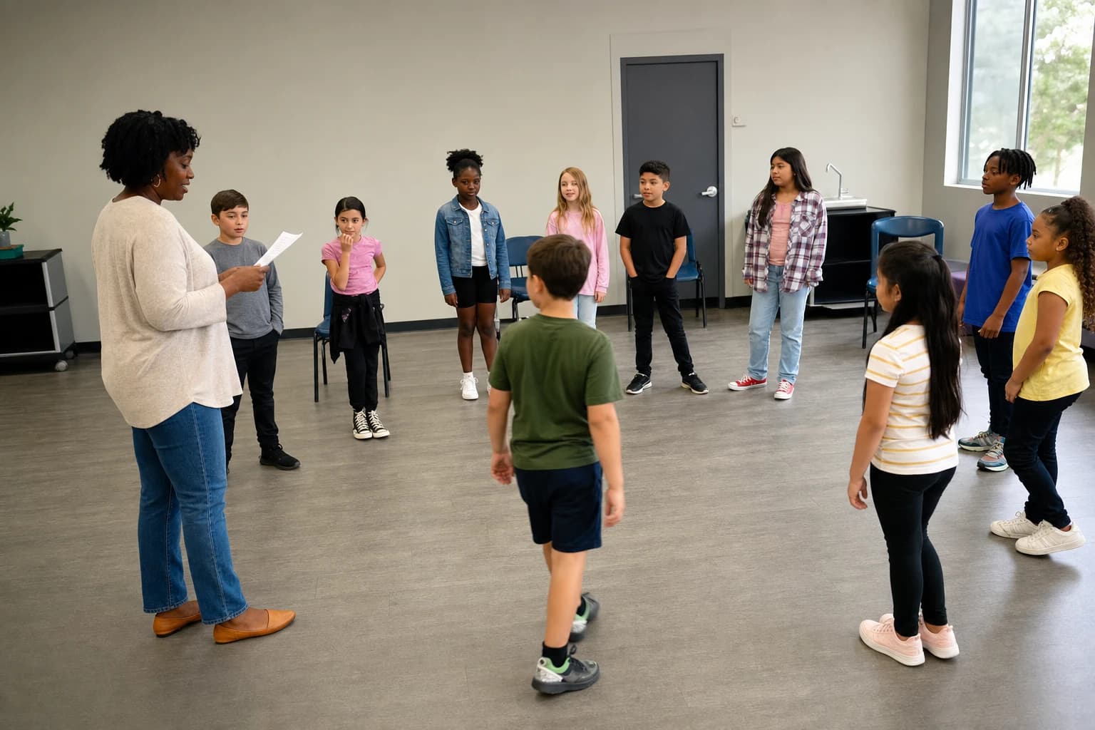 Children standing in a safe indoor circle while a leader reads icebreaker prompts