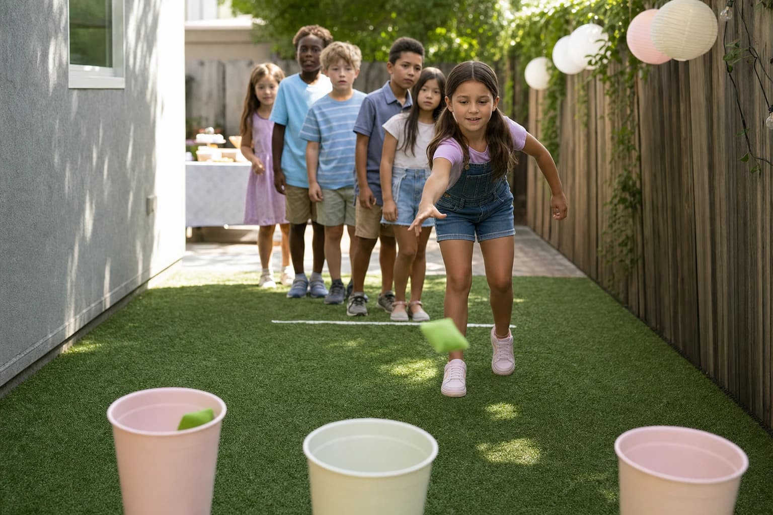 Children taking turns tossing beanbags into buckets during a small backyard birthday game