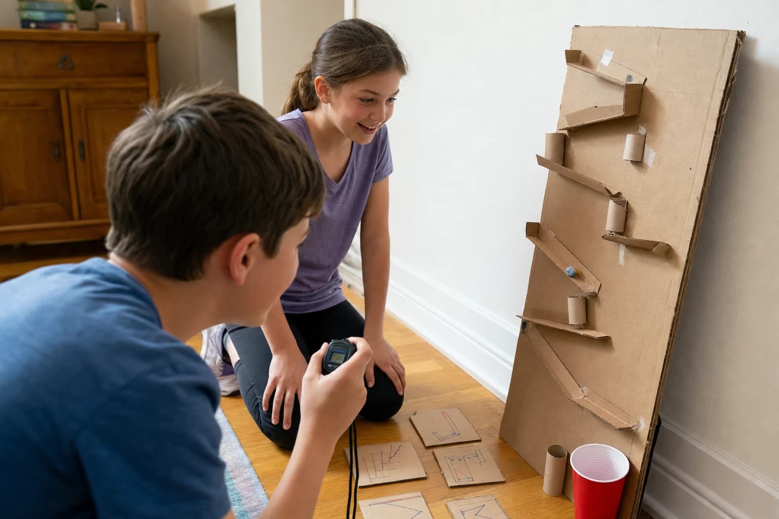Children timing a cardboard marble run challenge with a stopwatch and a catch cup at the finish