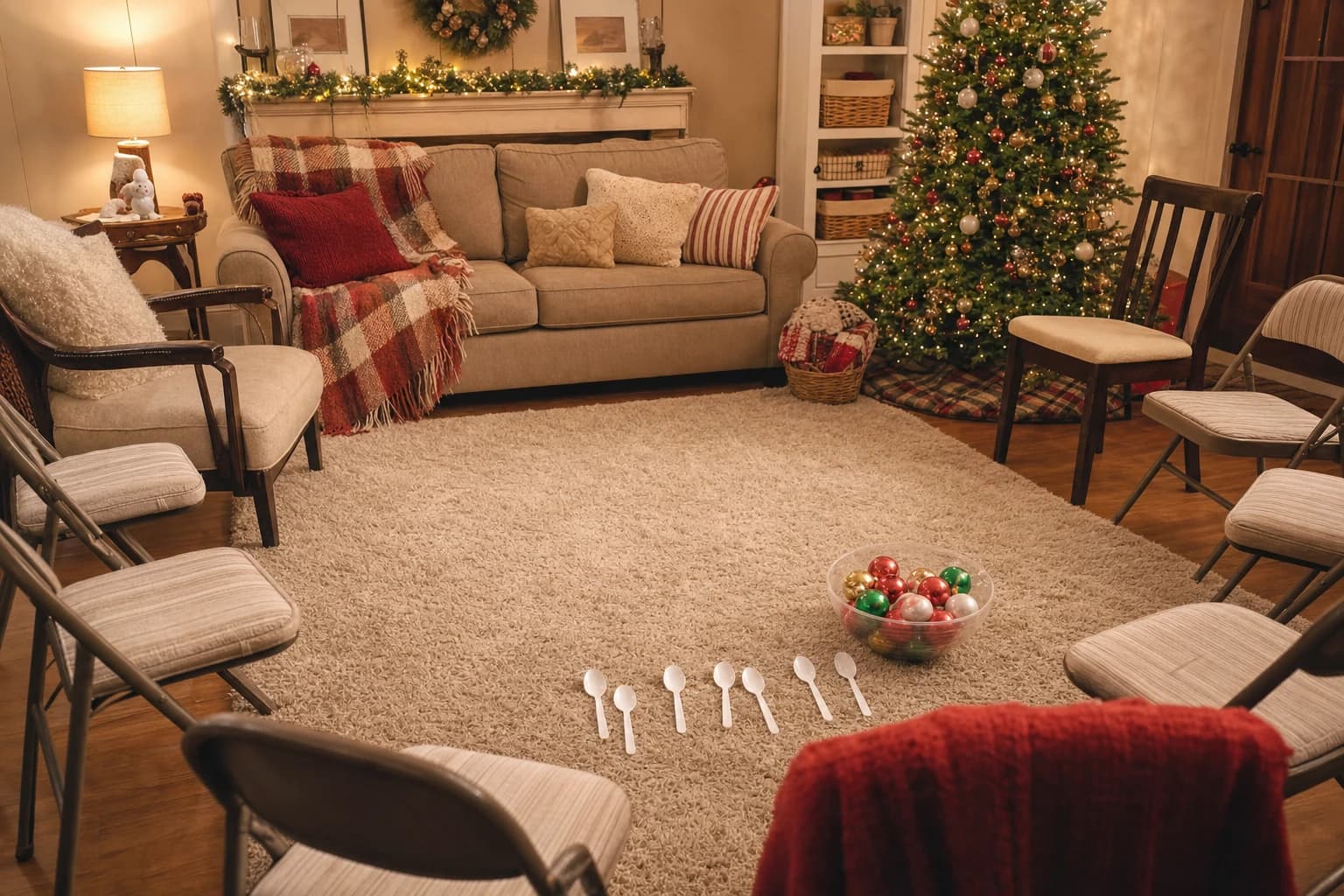 Christmas living room arranged with open floor space for indoor party games