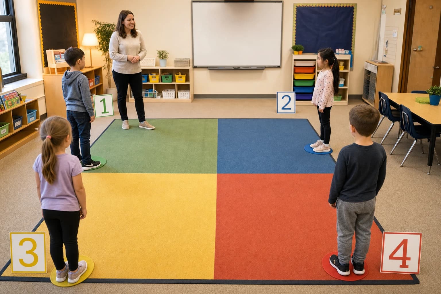 Classroom arranged for a Four Corners game with four labeled corners and students standing safely apart