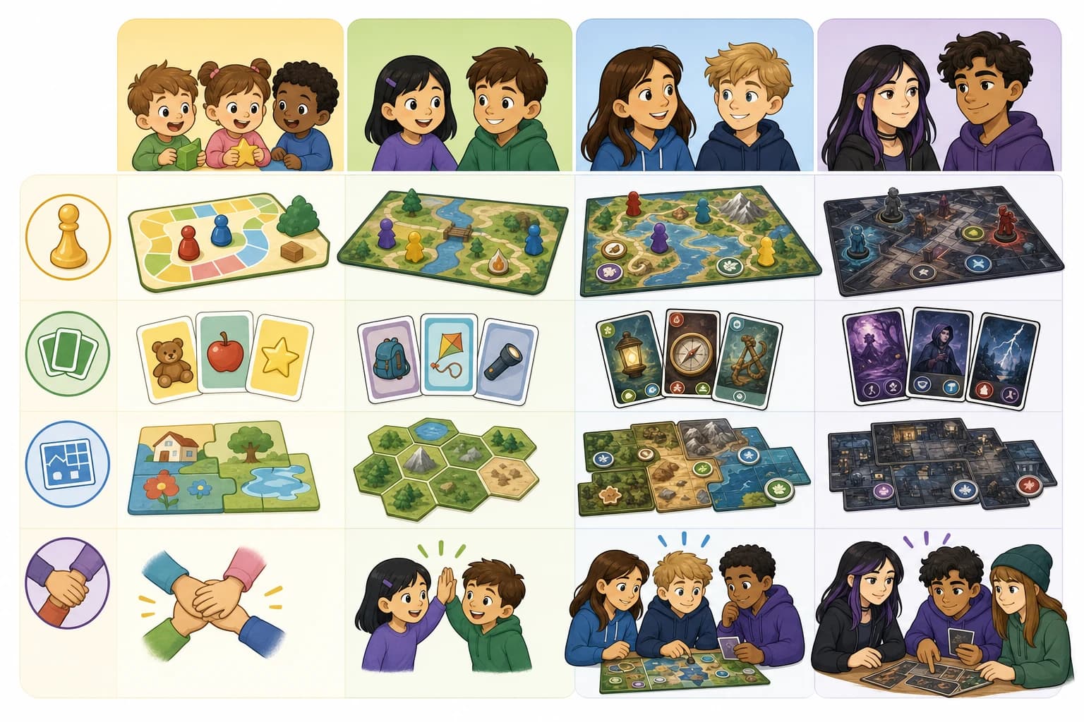 Comparison chart of cooperative board game choices by child age and challenge level