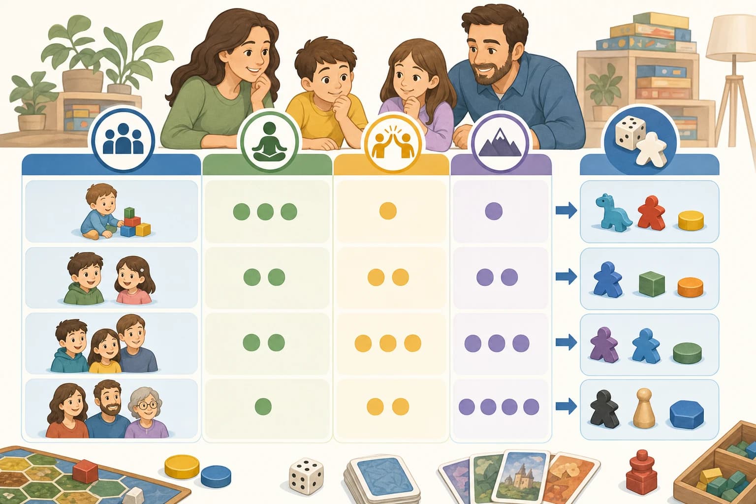 Comparison chart of cooperative family board games by age and conflict level