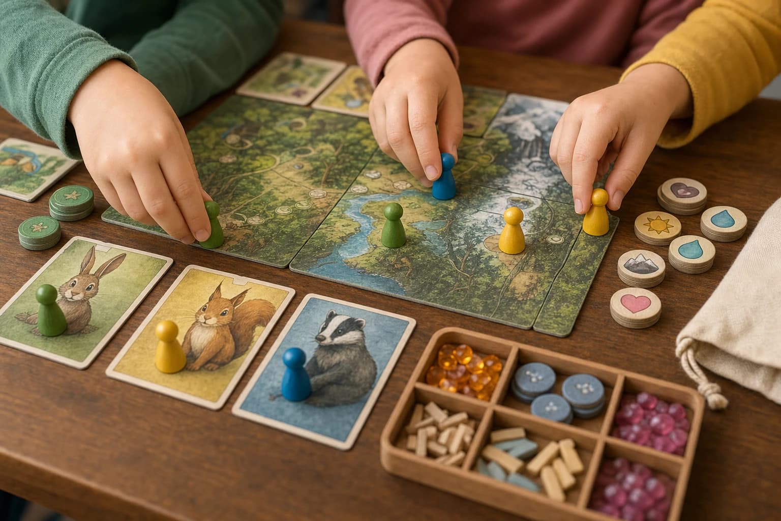 Cooperative board game setup with player role cards and shared tokens
