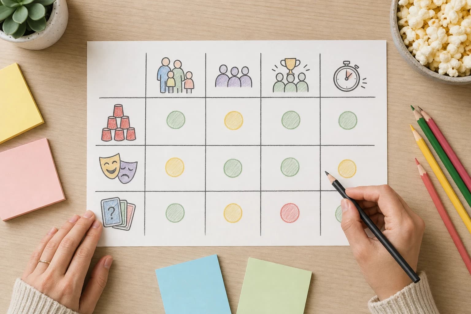 Decision matrix comparing party game formats for families, shy groups, competitive friends, and last-minute parties