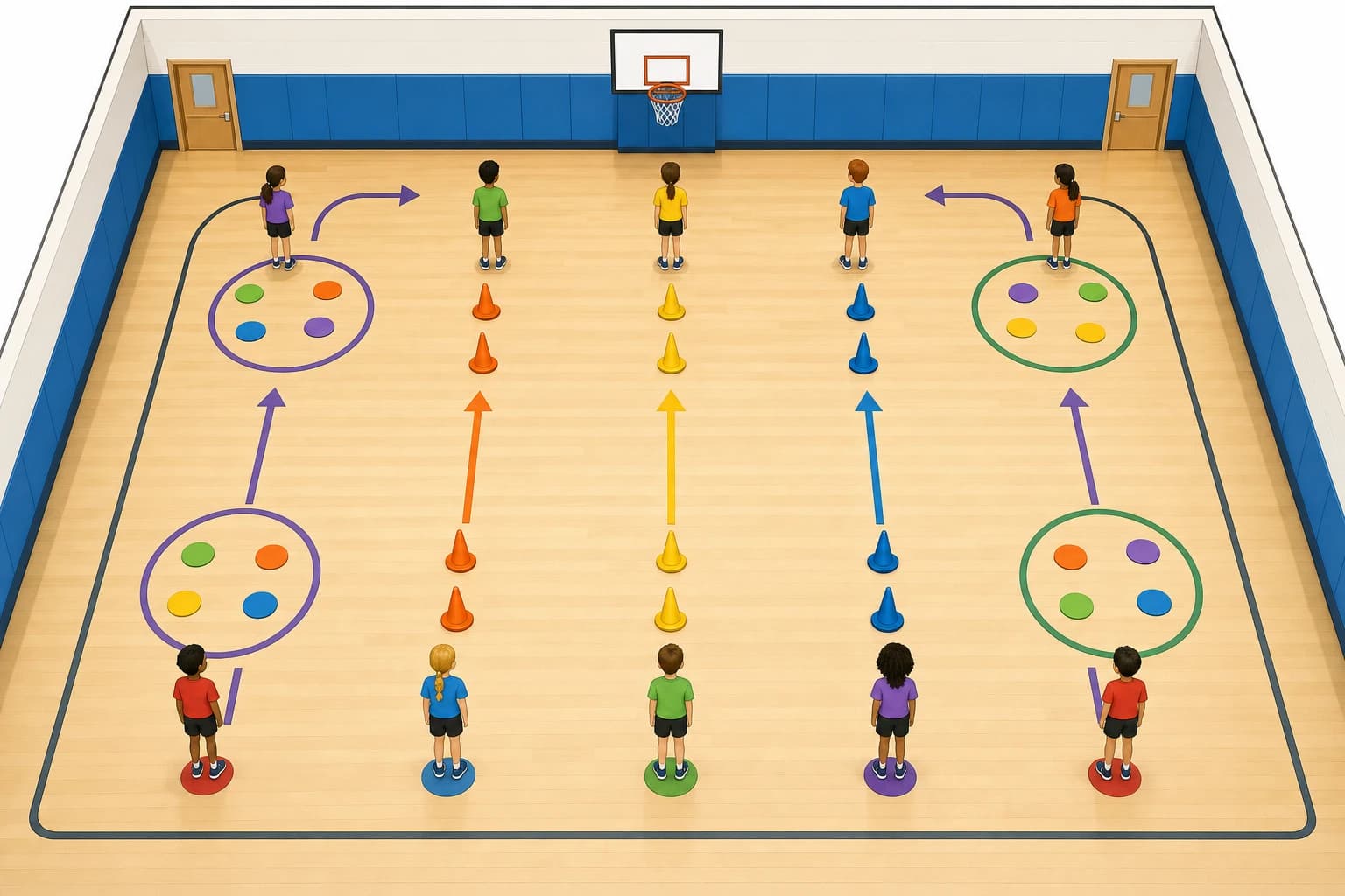 Diagram-style small gym layout showing cones, hoop islands, and one-way walking lanes for indoor PE