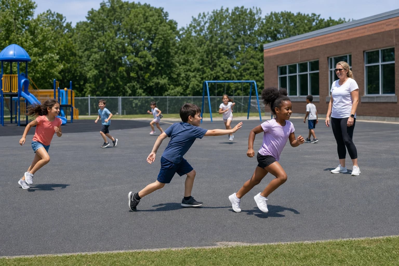 Elementary school children playing tag on a marked playground area