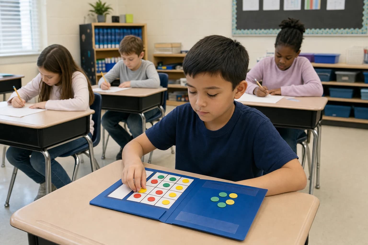 Elementary student quietly playing a folder-based desk game after finishing classwork