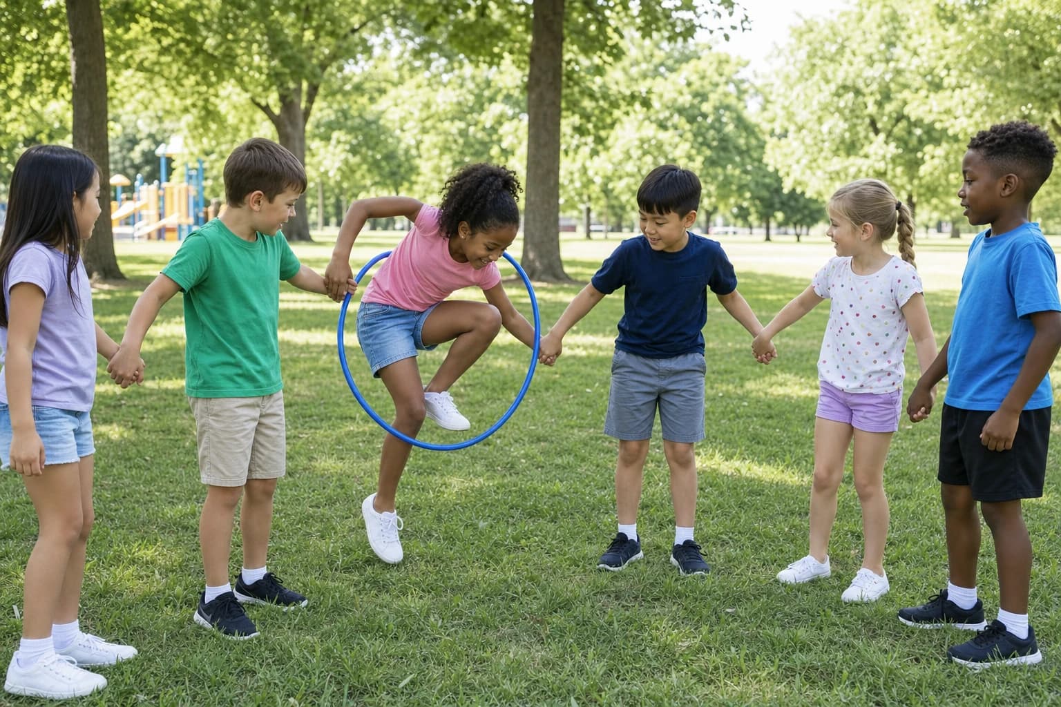 Elementary students passing a hoop around a circle while holding hands