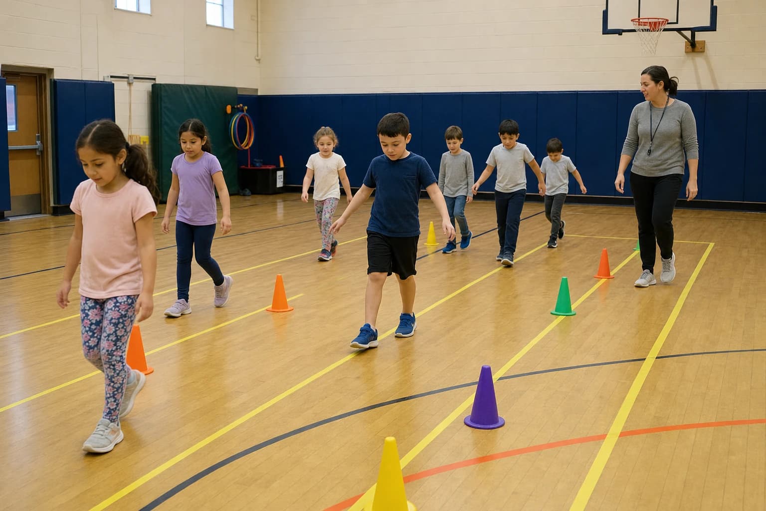 Elementary students playing a safe indoor PE game in a small gym with cones and clear walking lanes