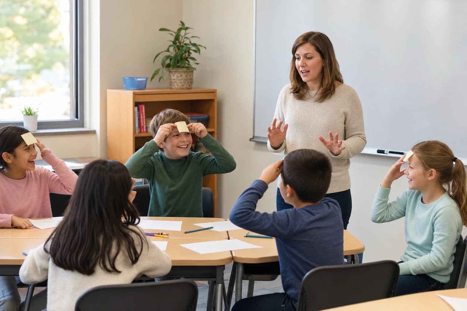 Elementary students playing a simple classroom party game around desks