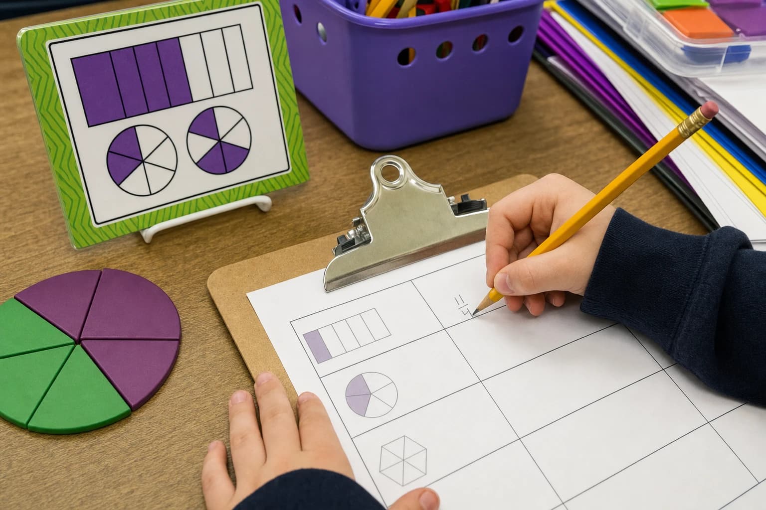 Example math scavenger hunt station with a fraction problem, recording sheet, and clipboard