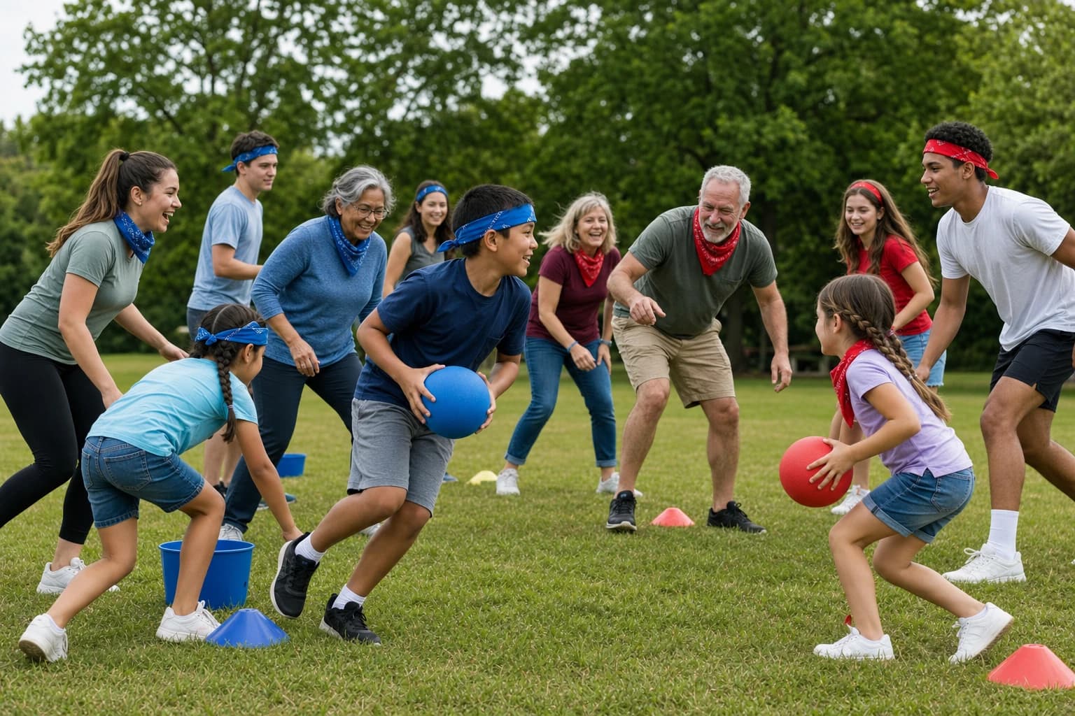 Families of different ages playing organized outdoor games on a grassy field