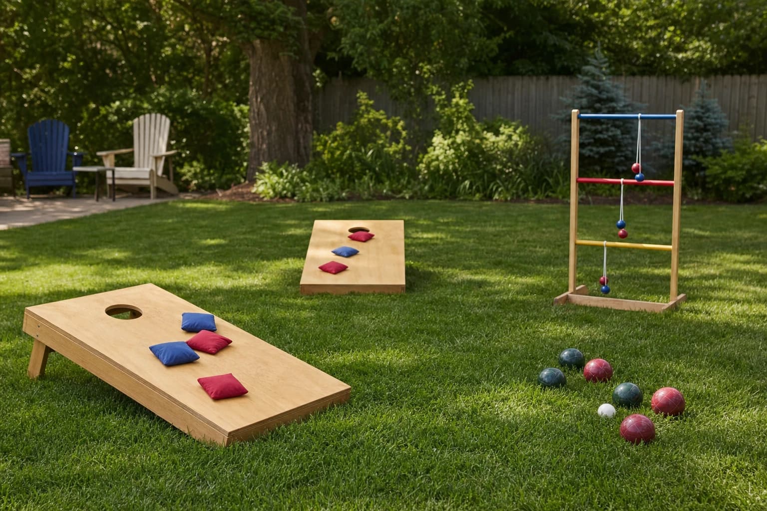 Family lawn game setup with cornhole boards bocce balls and ladder toss on grass