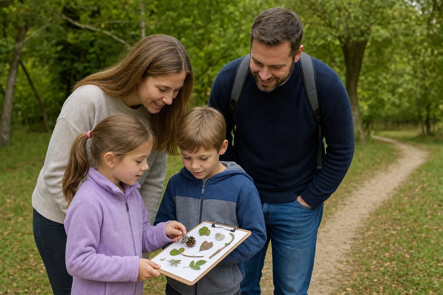 Family looking at a nature scavenger hunt card on a park trail