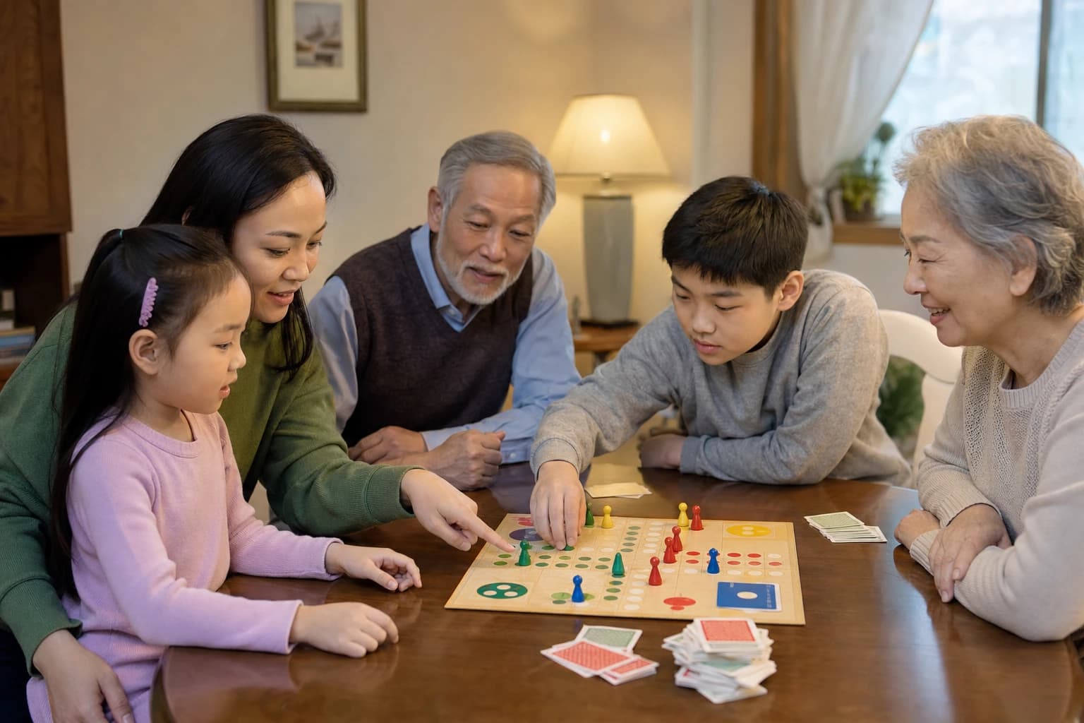 Family members of different ages playing a board game together at a dining table