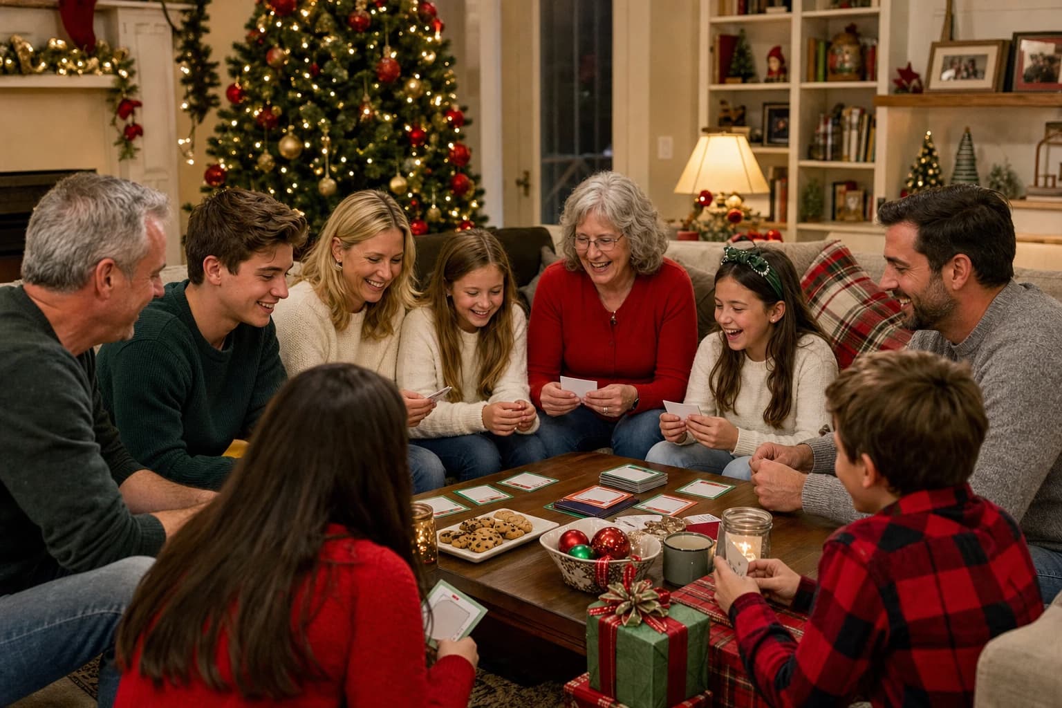 Family members of different ages playing Christmas party games in a cozy living room