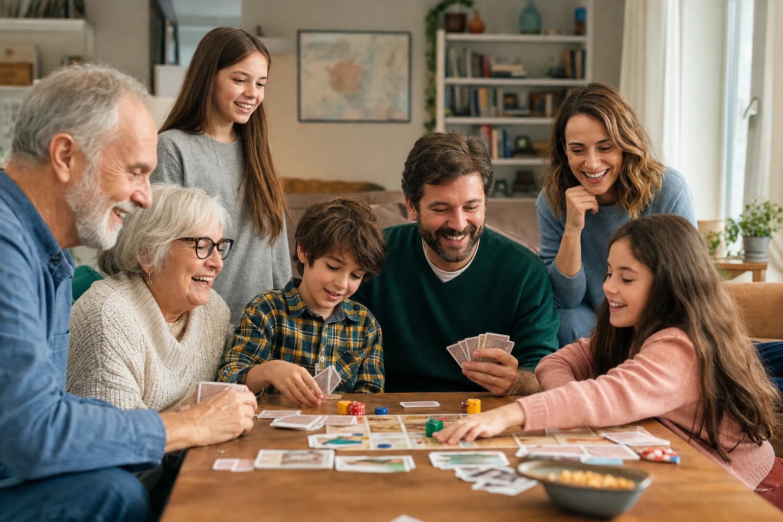 Family members of different ages playing indoor games around a living room table