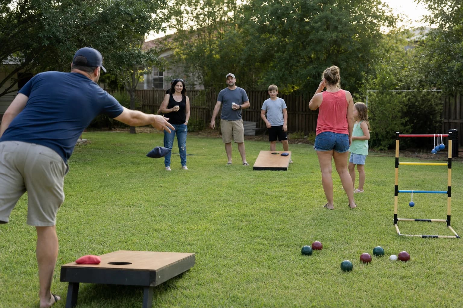 Family members taking turns playing cornhole ladder toss and bocce at a backyard gathering